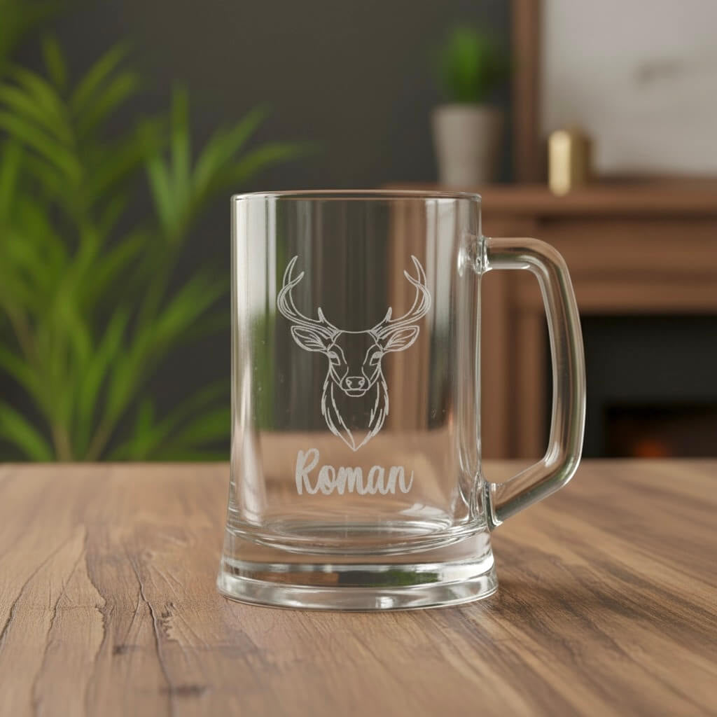 Custom engraved antler beer mug with Roman name, premium clear glass gift displayed in cosy home setting