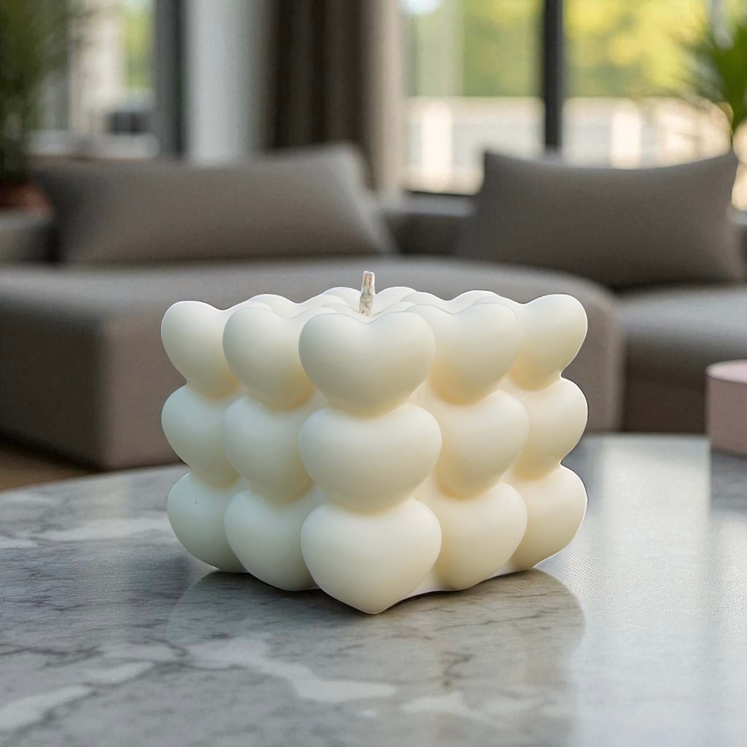 Custom soy wax candle in heart cube shape, aesthetic home decor or gift for Valentine's Day and anniversaries