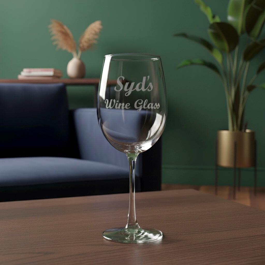 Etched wine glass with Syd's name, great personalised birthday or bridesmaid gift