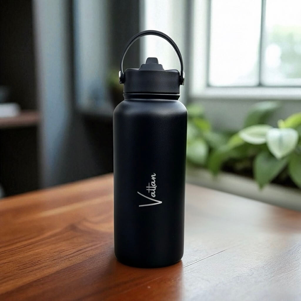 Black 1L stainless steel water bottle with engraved name displayed on a wooden table in natural light.