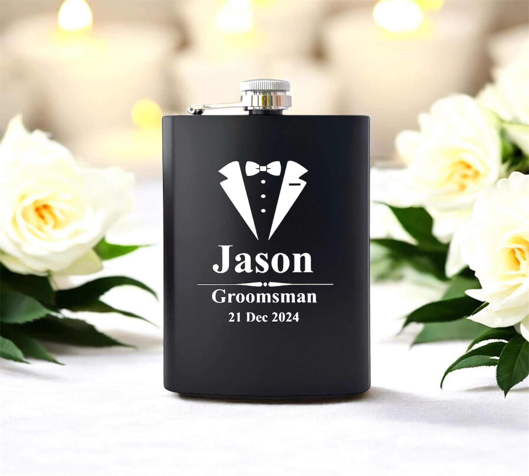 Black hip flask engraved for wedding role