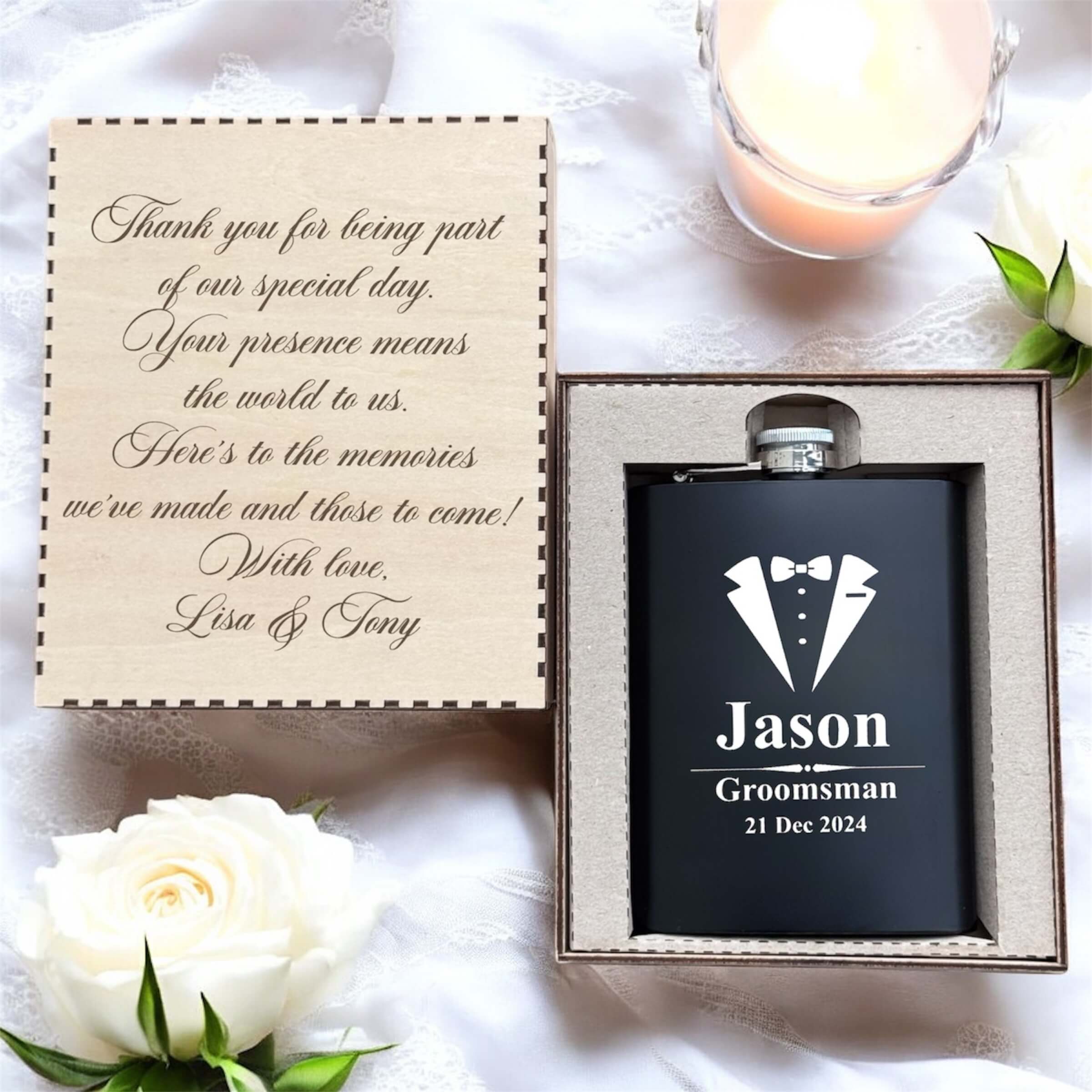 Black hip flask engraved for wedding role with engraved wooden gift box
