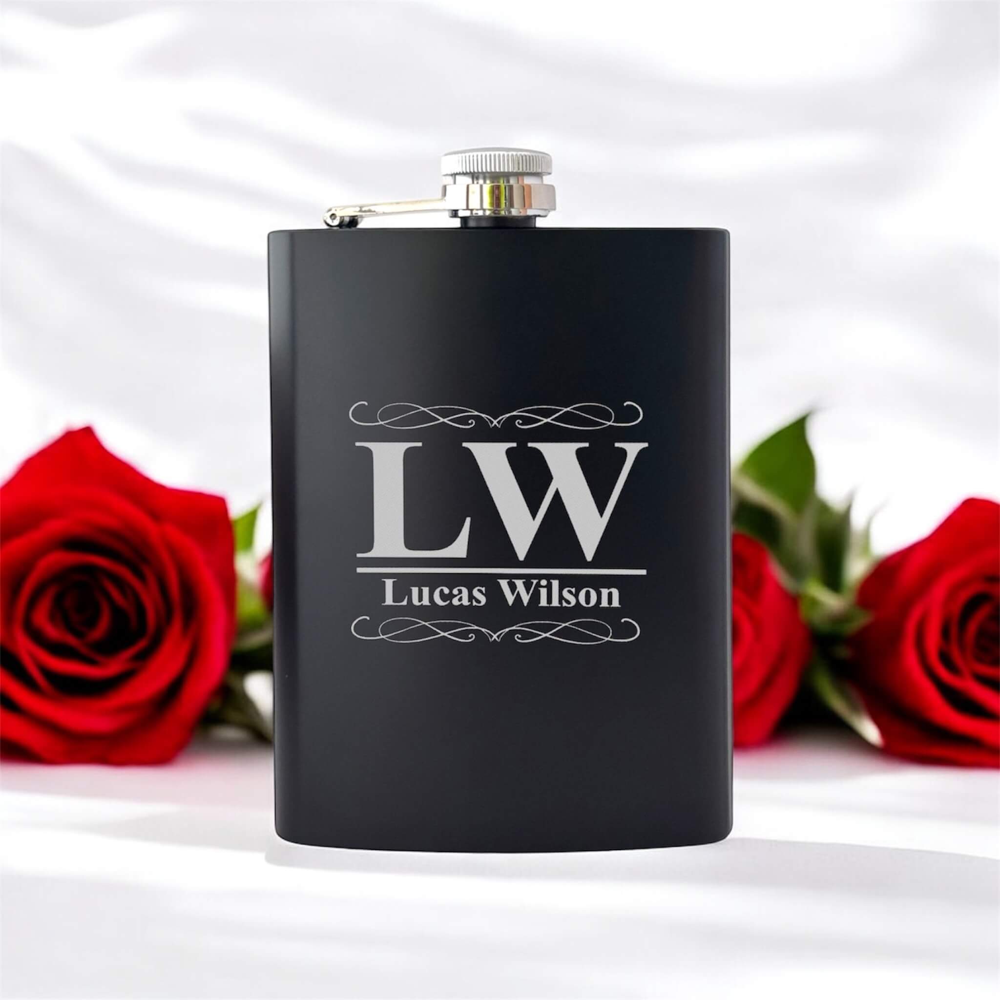 Black hip flask engraved with name and Initials