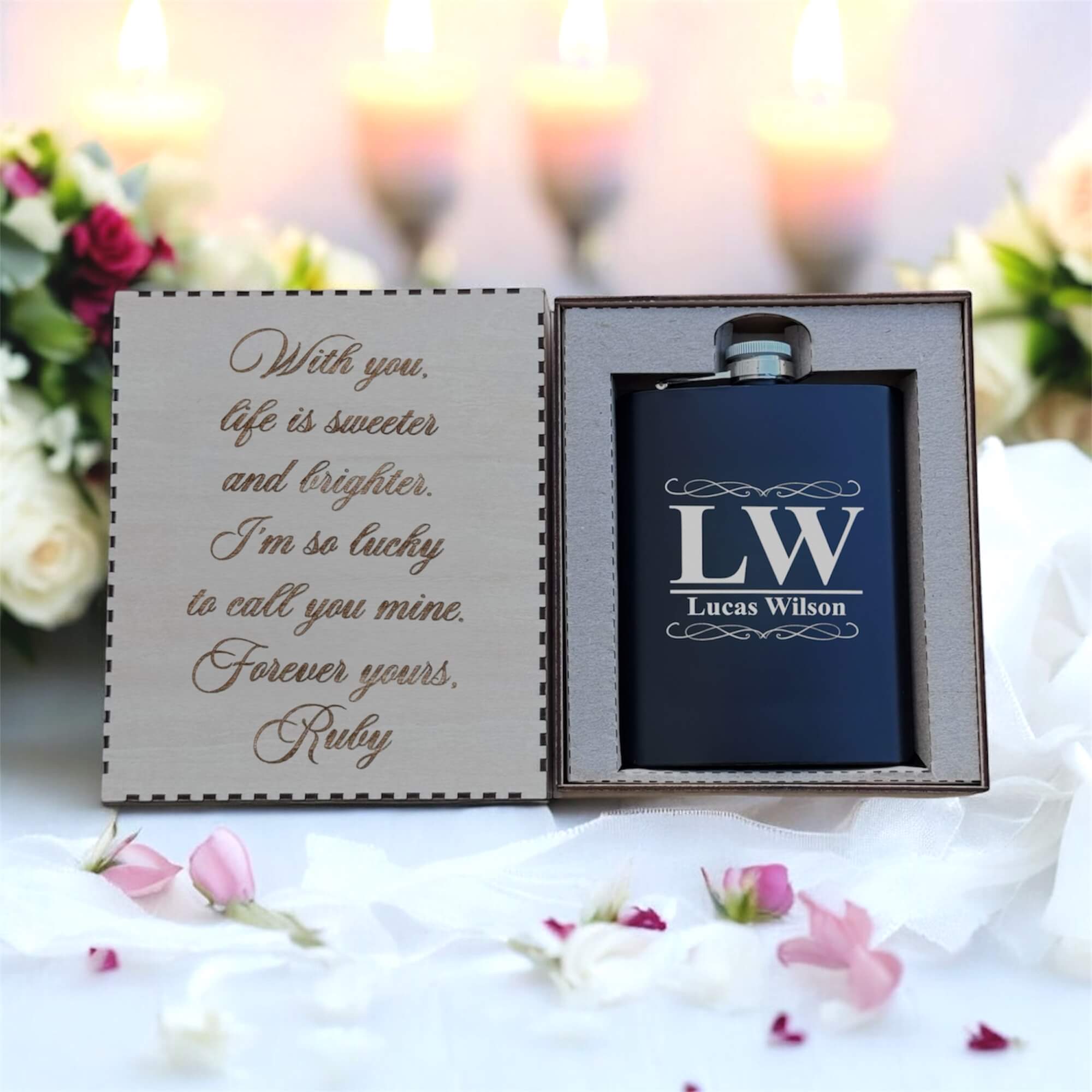 Black hip flask engraved with name and in a wooden gift box that is also engraved
