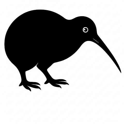 Black silhouette of a kiwi bird on a white background