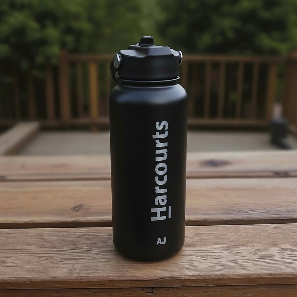 Branded 1L water bottle with straw lid shown in corporate setting.