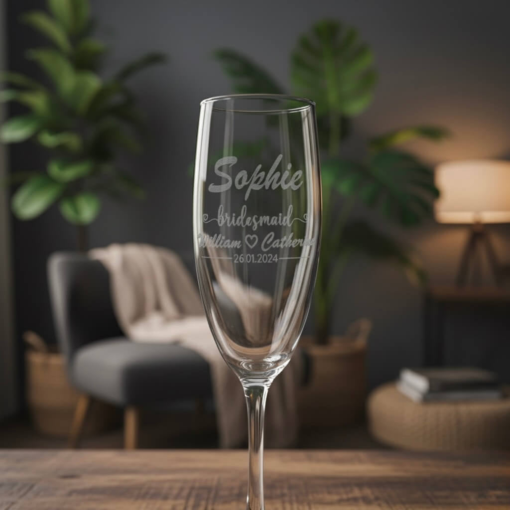 Close-up of engraved champagne glass reading bridesmaid with couple’s names and date.