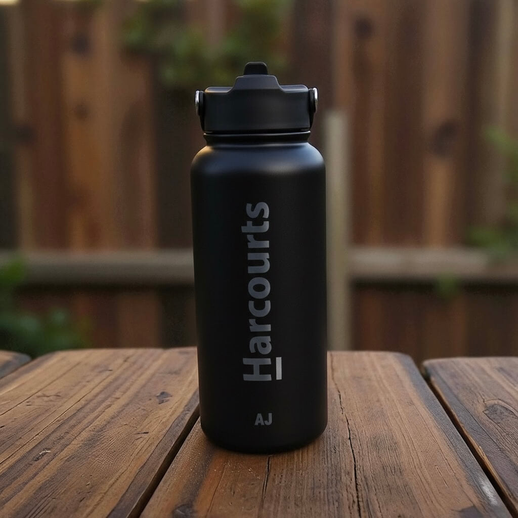 Close-up of engraved logo detail on stainless steel insulated bottle.