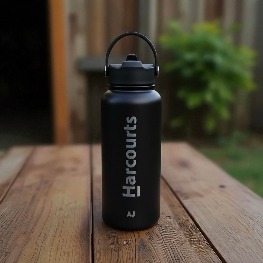 Close-up of laser engraved detail on insulated stainless steel bottle for business.