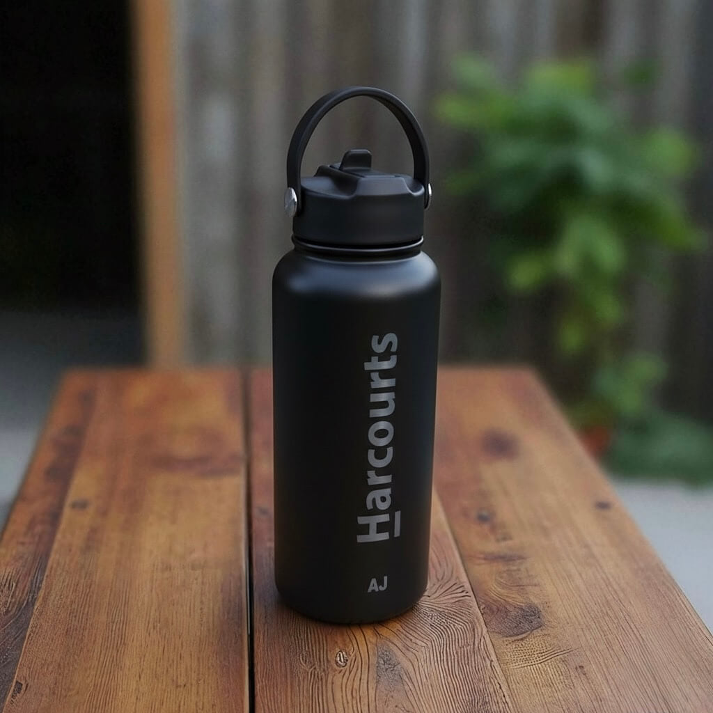 Corporate engraved bottle presented as a staff recognition gift.