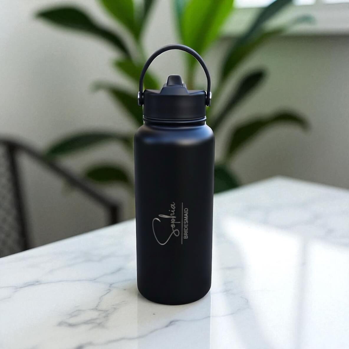 Custom bridesmaid water bottle with name Sophia, sleek engraved drinkware for bridal squad