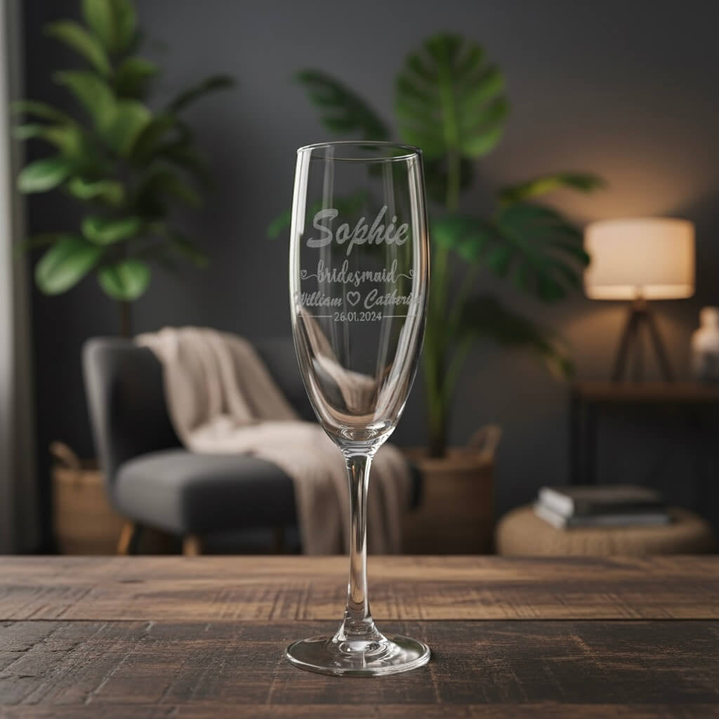 Custom engraved bridesmaid flute with name and wedding details on rustic wooden table.