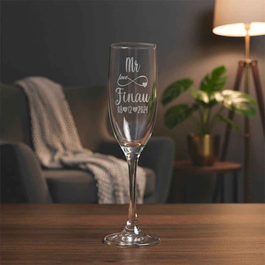 Custom engraved flute with Mr design, personalised with name and special date, ideal wedding or anniversary gift.