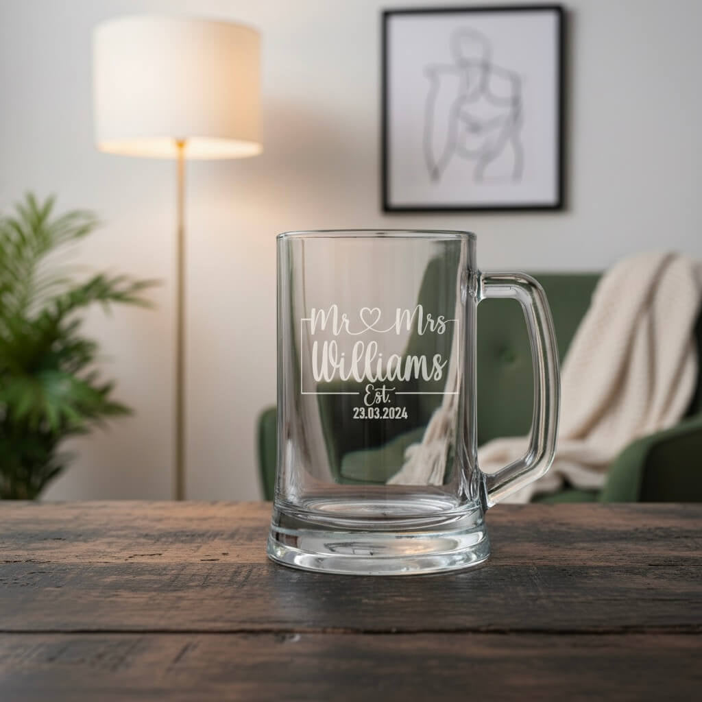 Custom wedding beer glass with Mr & Mrs Williams engraving and est. 23.03.2024, couple gift idea