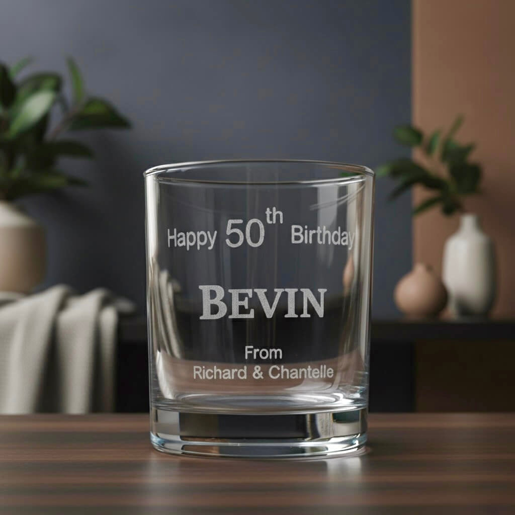 Engraved 50th birthday tumbler for Bevin, custom milestone gift glass for men