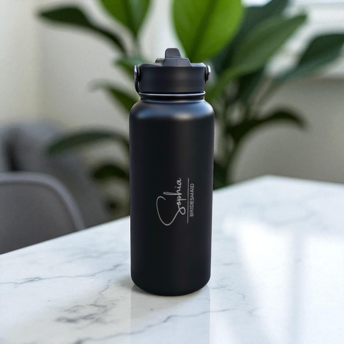 Engraved bridesmaid bottle with Sophia name, stylish custom drinkware for wedding day gift