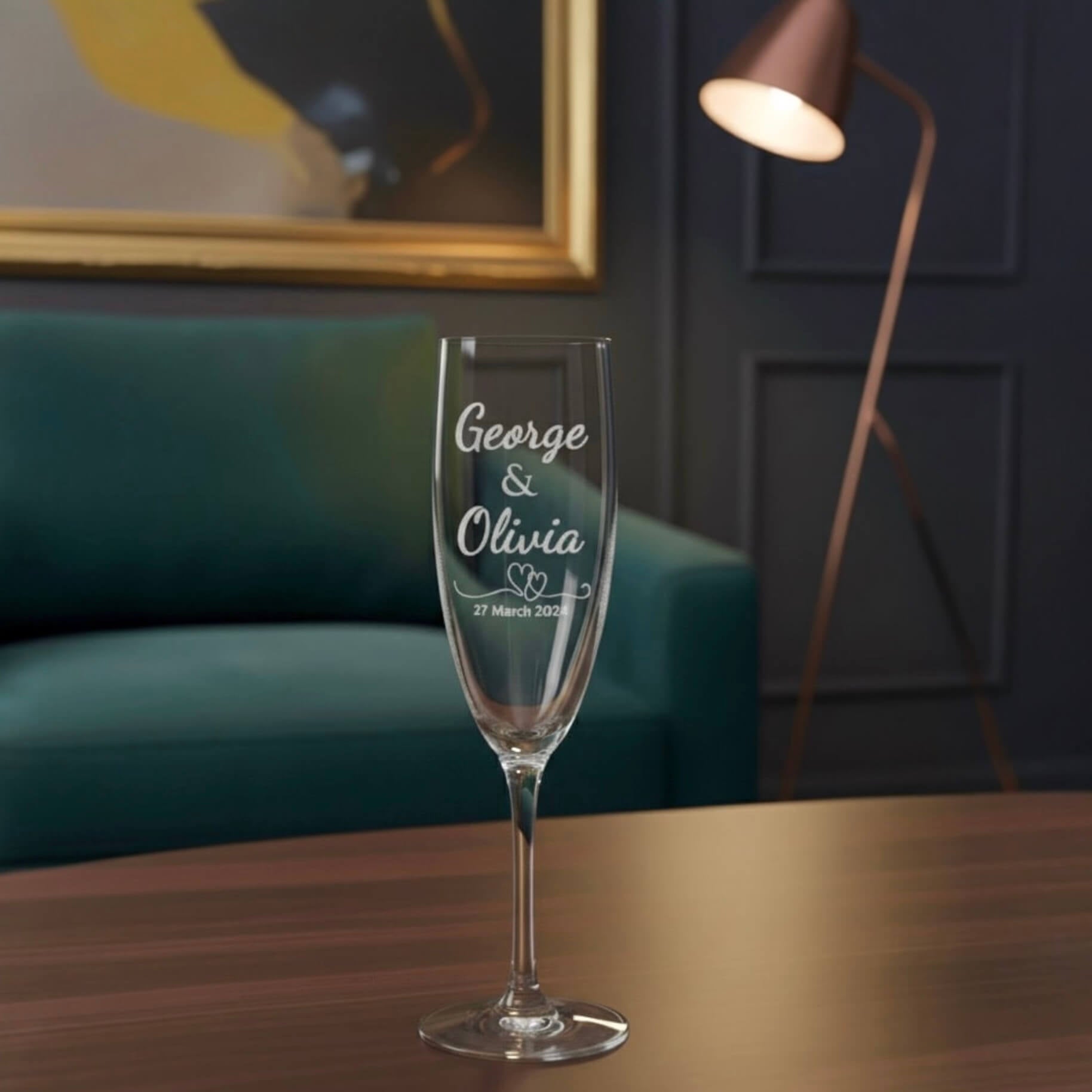 Engraved wedding champagne flute with names George and Olivia and date 27 March 2024, perfect wedding or anniversary gift