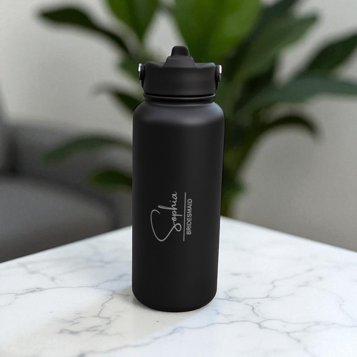 Personalised black drink bottle with Sophia and Bridesmaid engraved, custom bridal party gift