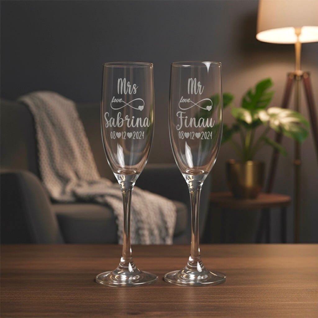 Personalised engraved champagne flutes for Mr and Mrs with names and wedding date, perfect for couples celebrating love.