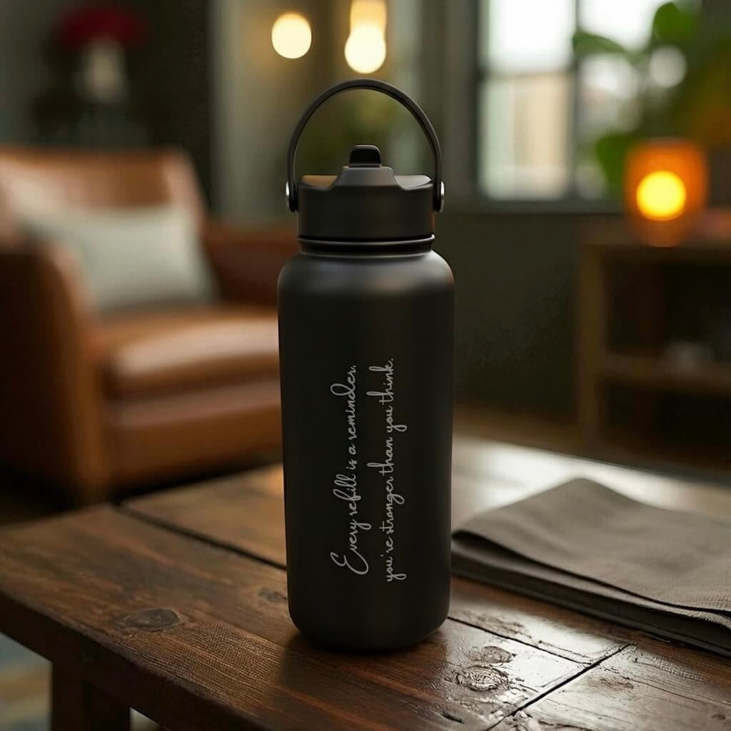 Personalised engraved water bottle with uplifting message and straw lid, displayed on a wooden surface beside a soft cloth.