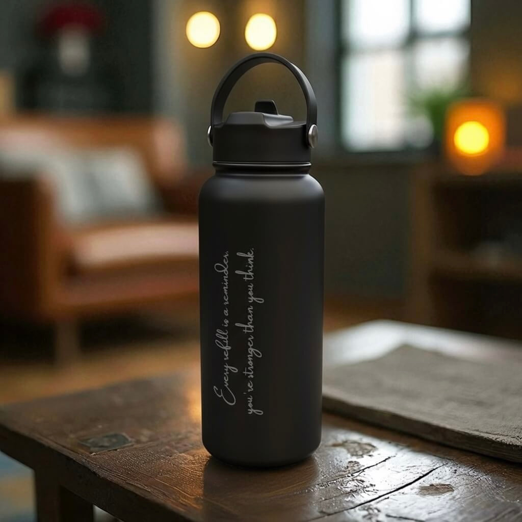Side view of engraved message water bottle with sturdy carry handle, set against soft candlelit background.
