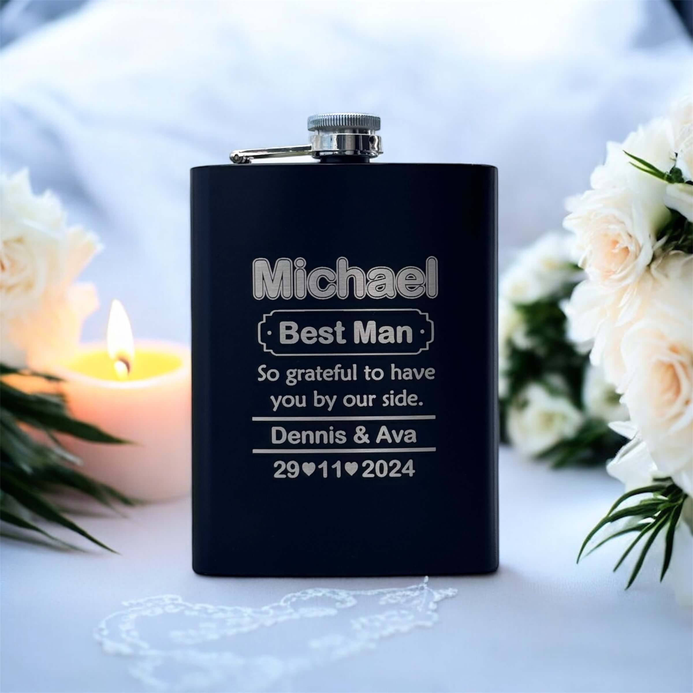 black bridal party flask engraved with name, best man, couple name and date