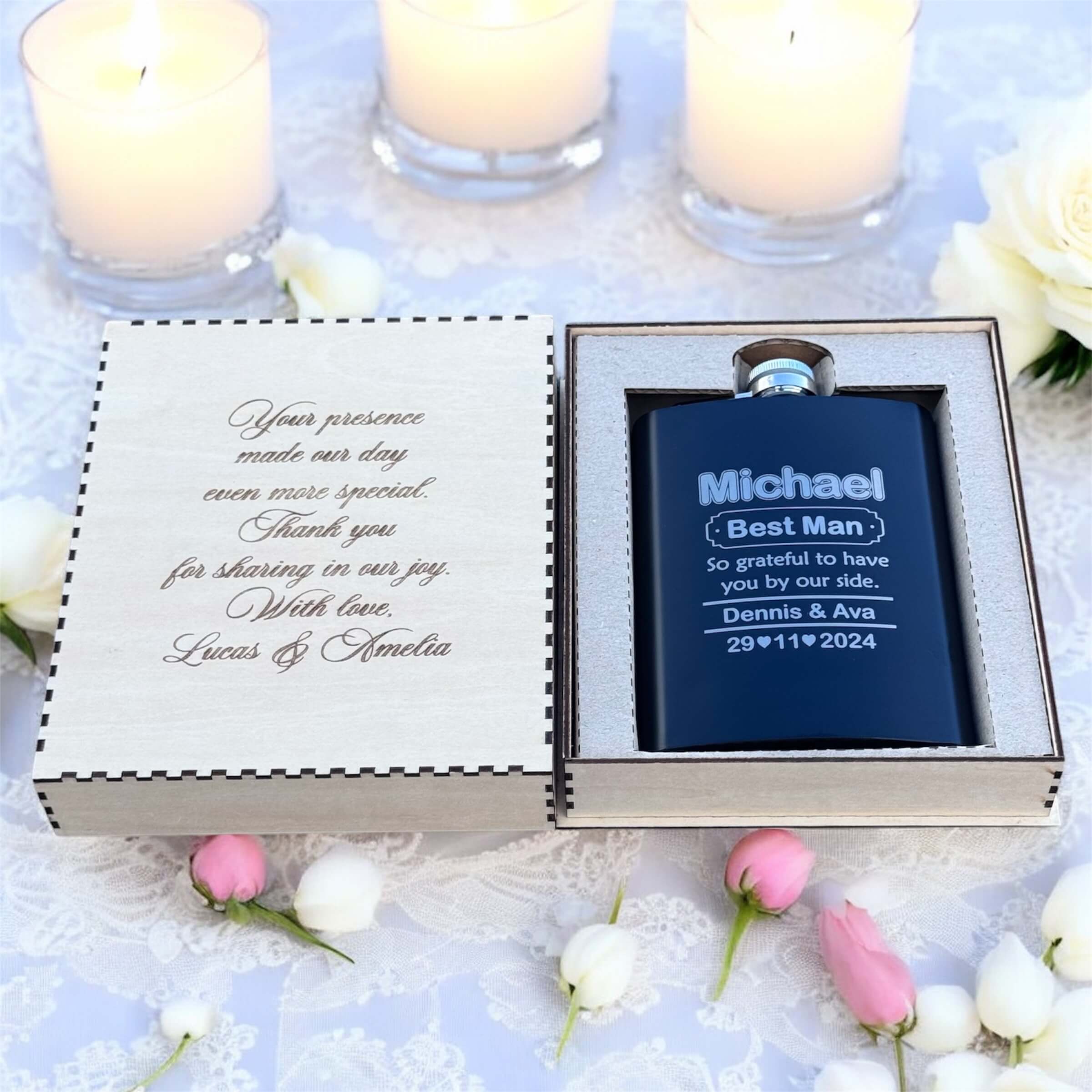 black bridal party flask engraved with name, best man, couple name and date in engraved wooden gift box