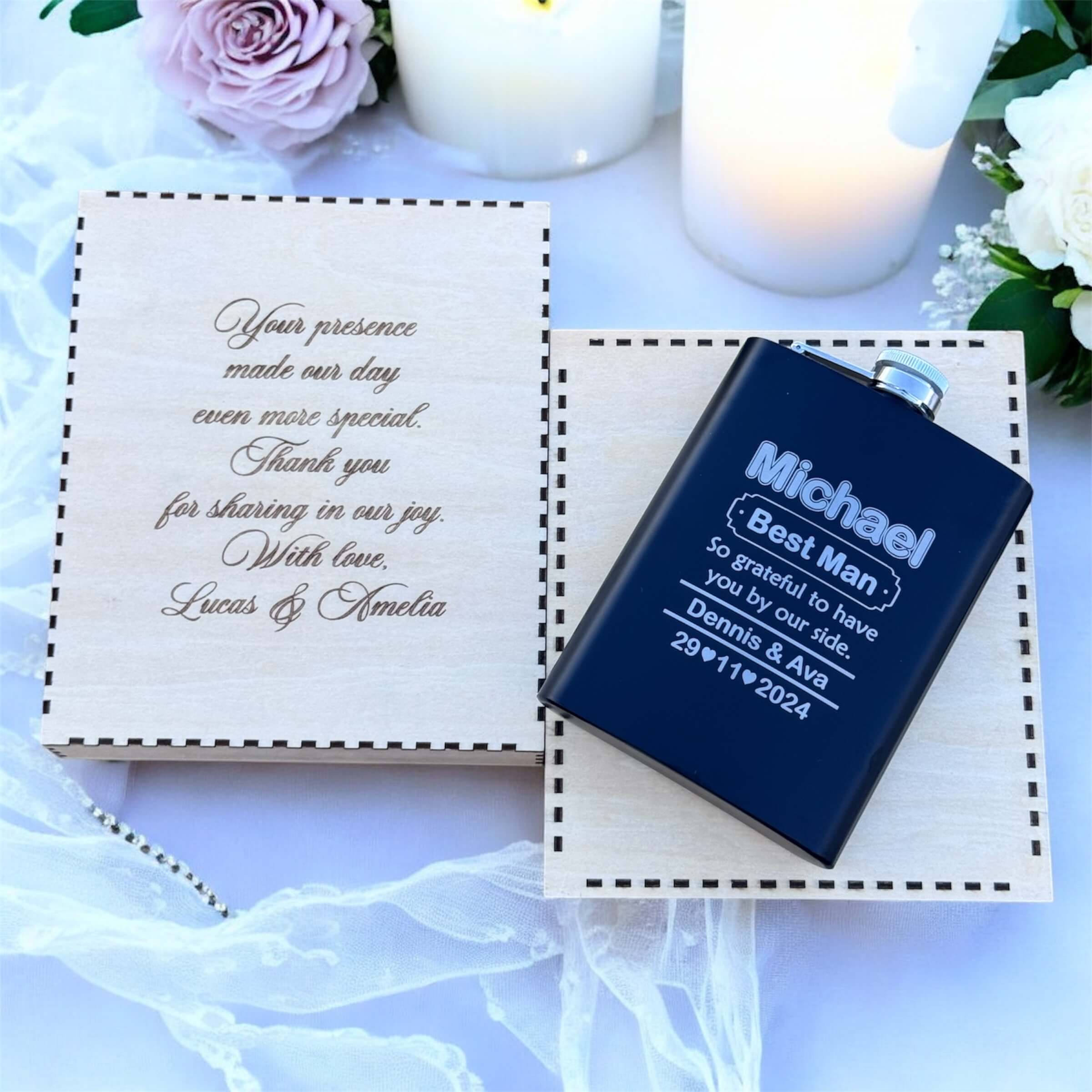black bridal party flask engraved with name, best man, couple name and date with engraved wooden gift box