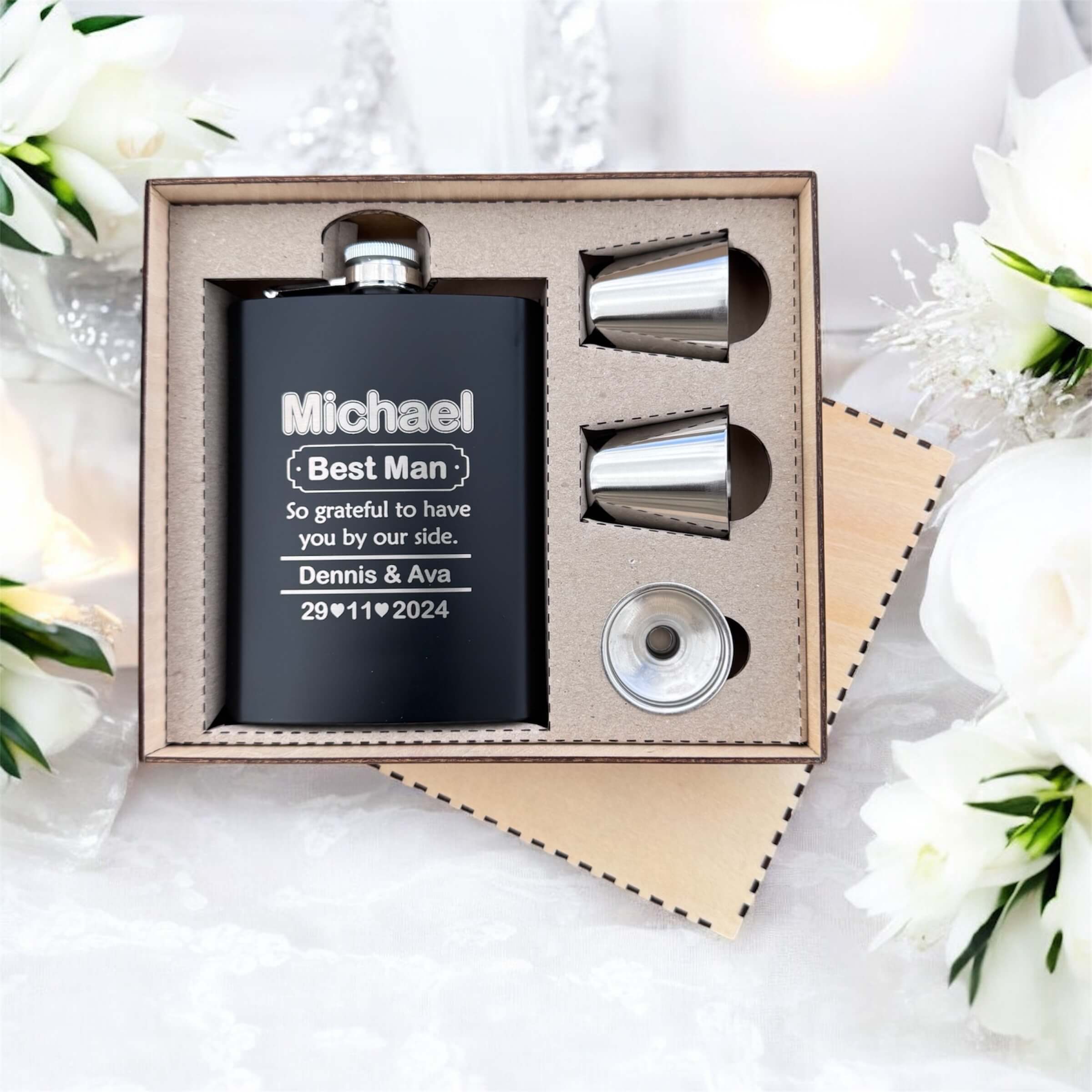 black bridal party flask set engraved with name, best man, couple name and date in wooden gift box