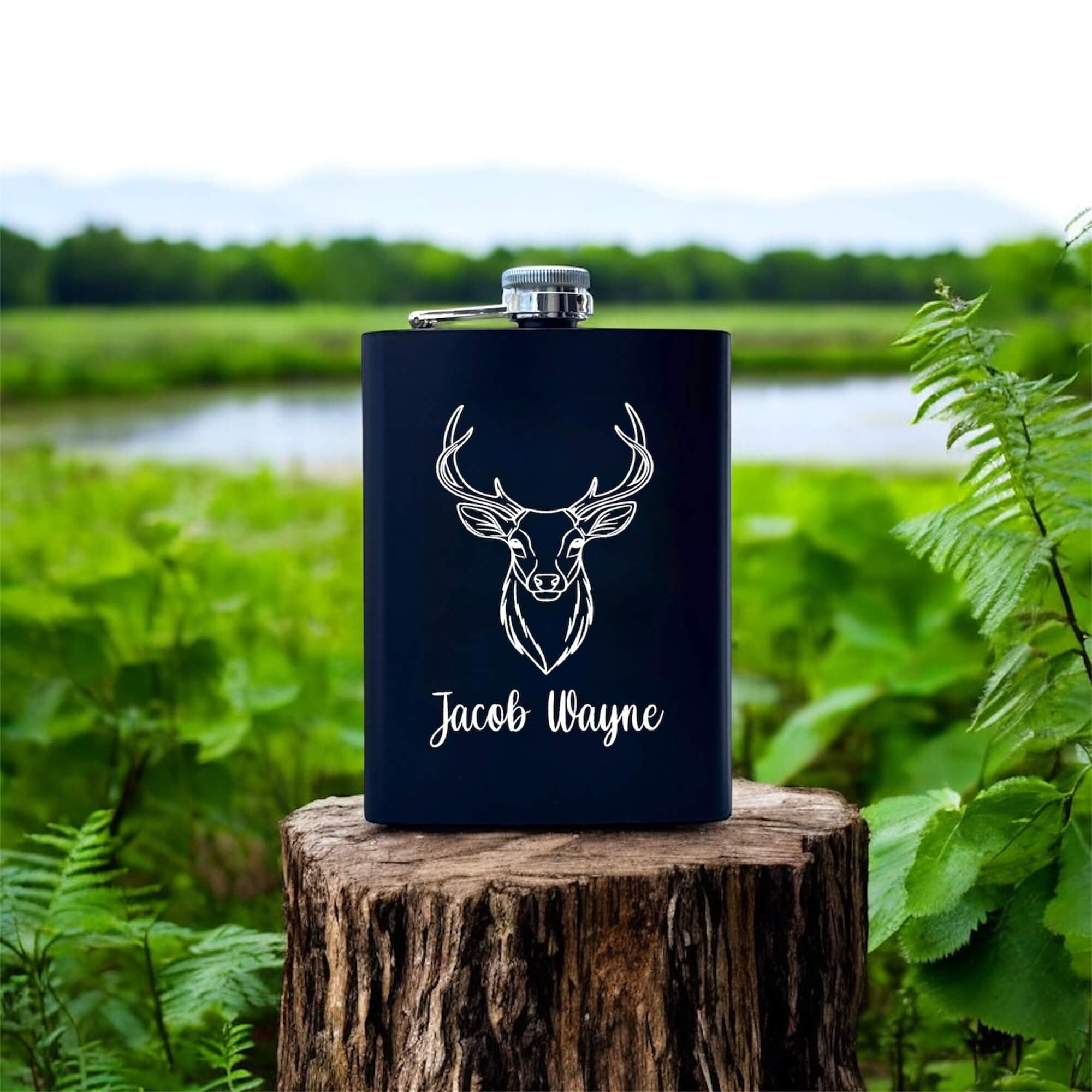 black engraved hip flask engraved with deer head and name