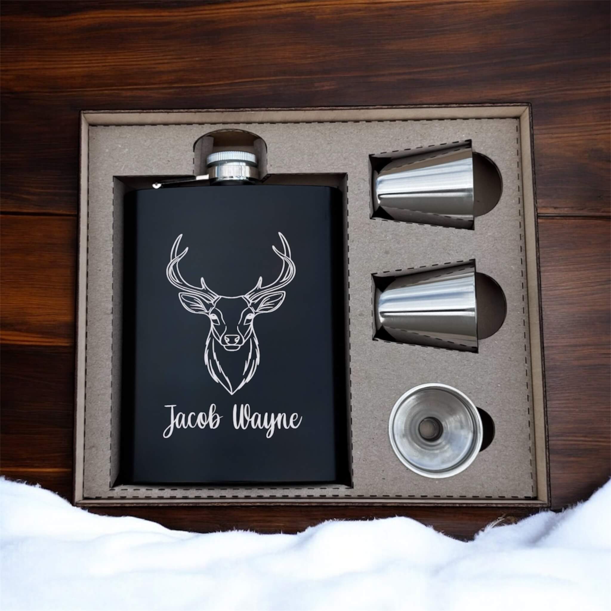 black engraved hip flask set engraved with deer head and name