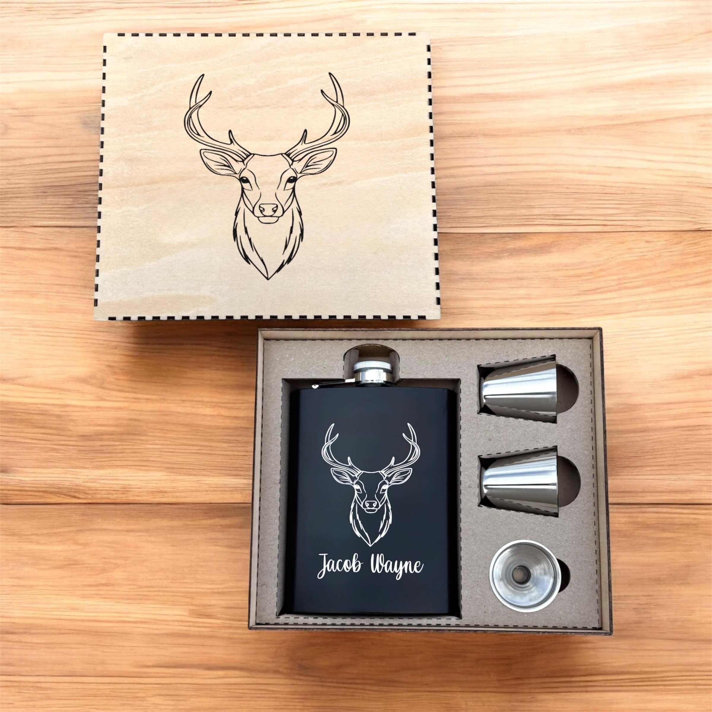 black engraved hip flask set engraved with deer head and name in a engraved wooden gift box with dear head engraved