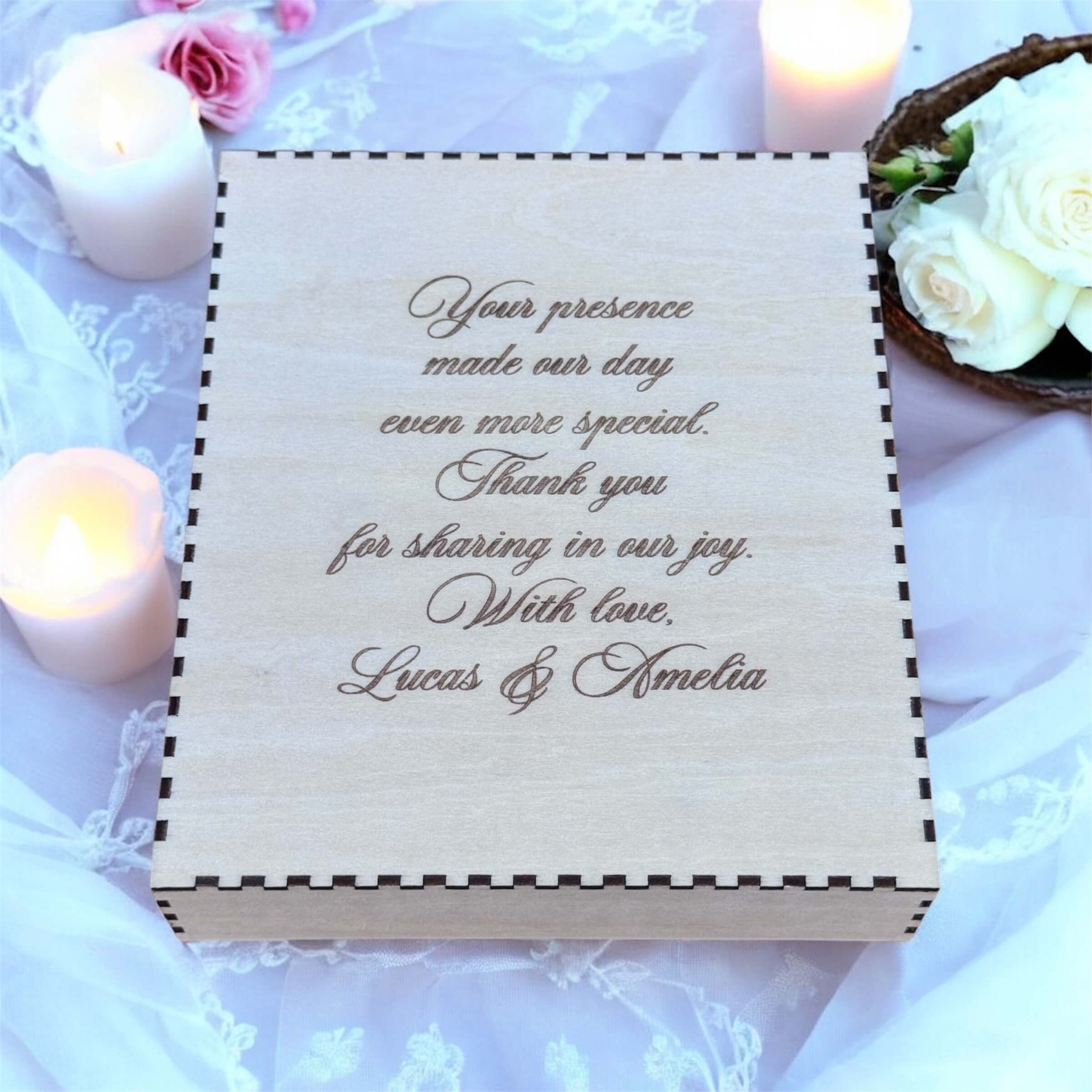engraved wooden gift box with message from wedding couple