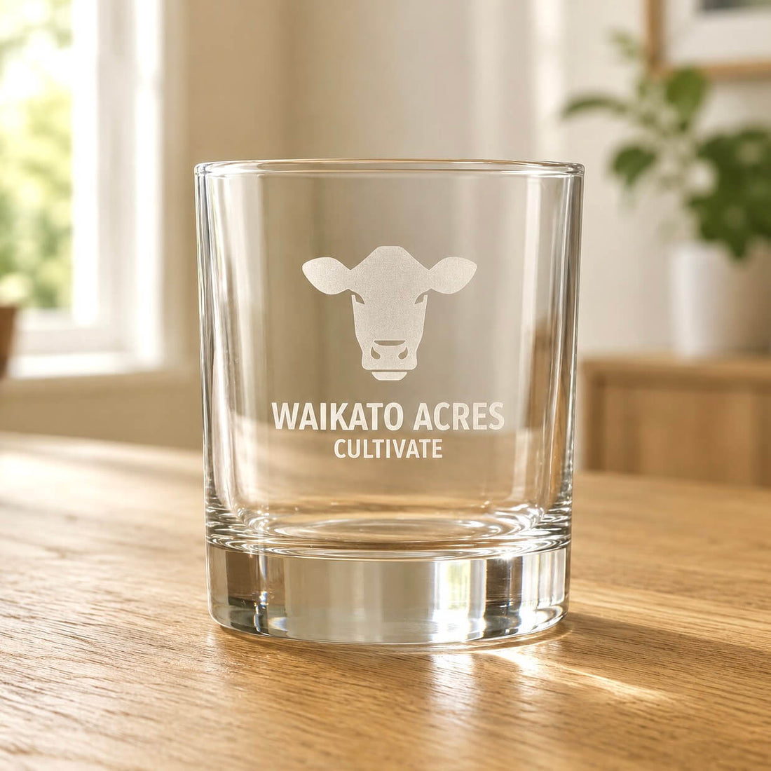 Clear whisky glass with engraved company logo on a wooden table, a personalised corporate Christmas gift