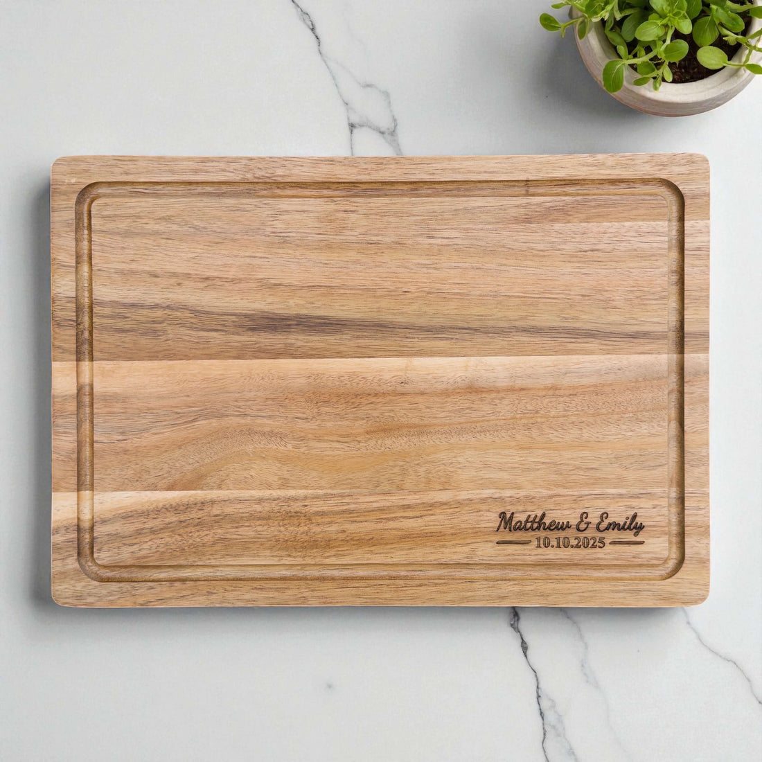 Personalised acacia chopping board engraved with couple names and wedding date, a personalised gift for weddings and anniversaries in NZ