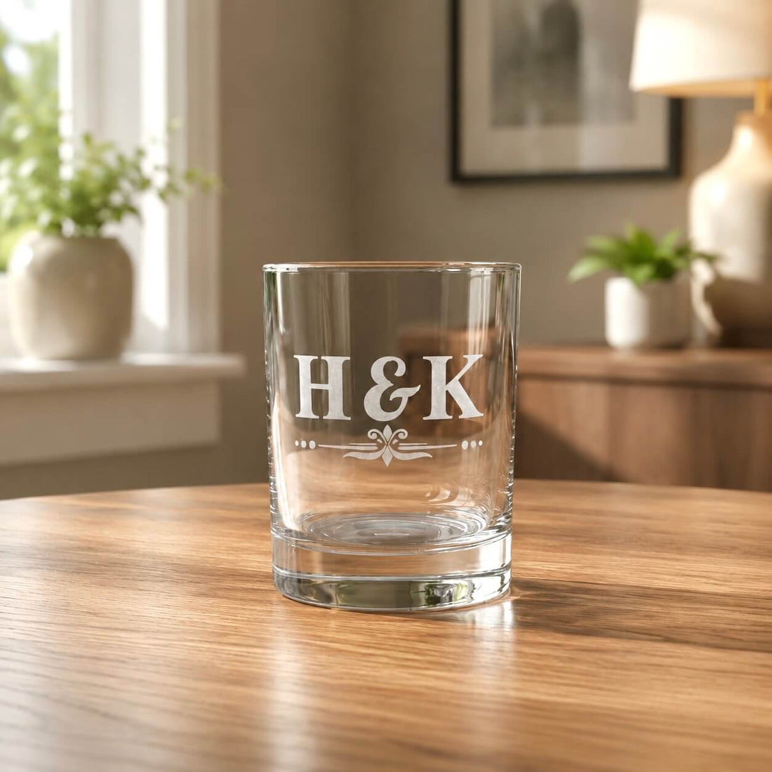 Personalised anniversary whiskey glass engraved with couples' initials on a wooden table in a warm home interior