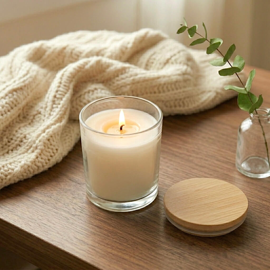 Personalised scented soy candle in a clear glass jar with wooden lid on a wooden surface with a knitted blanket and plant in the background