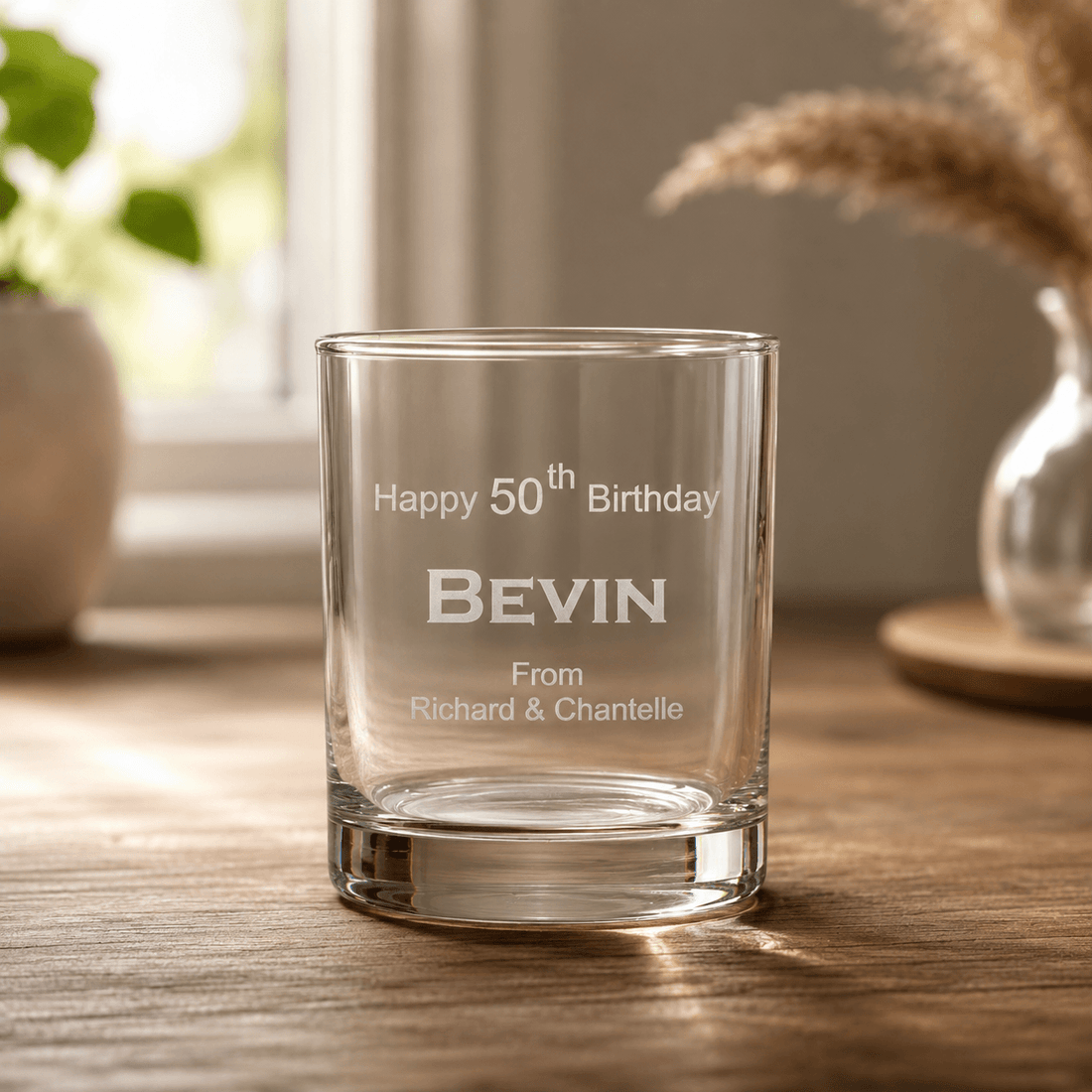 Engraved birthday whiskey glass with Happy 50th Birthday message, a personalised milestone gift from Personalized Gifts Co.