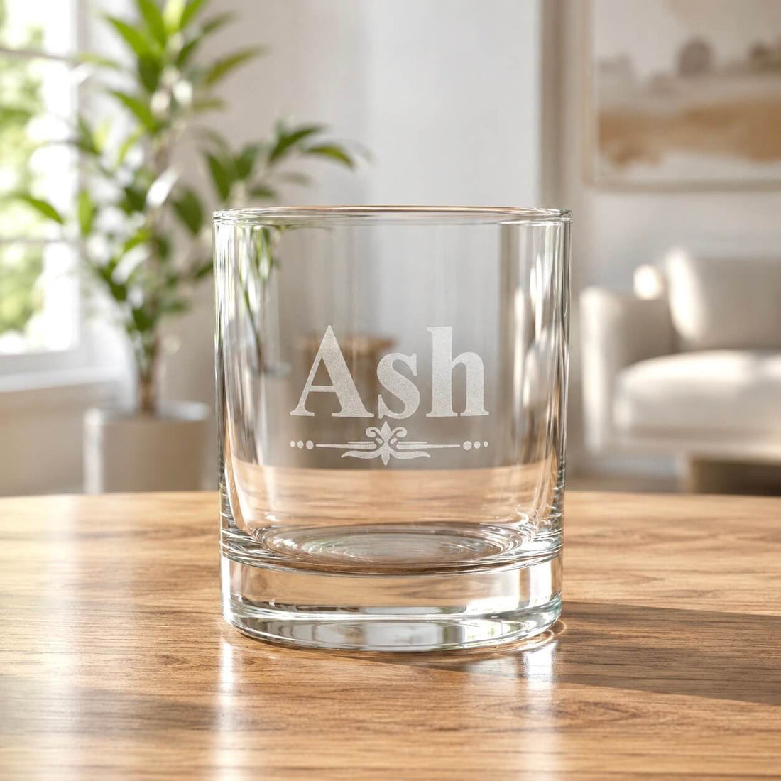 Personalised engraved whiskey tumbler glass with a name engraved, a considered 30th birthday gift idea from Personalized Gifts Co.