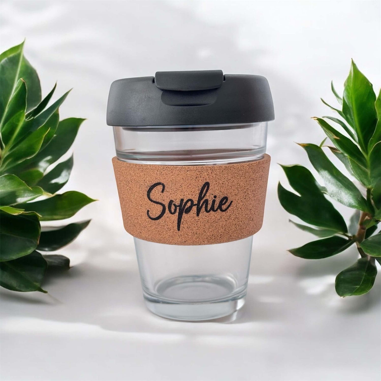 Engraved reusable travel coffee cup with cork band & BPA-free lid