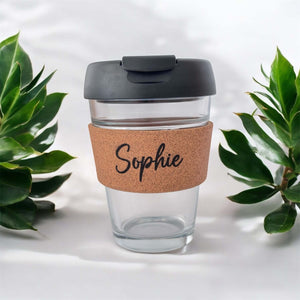 Engraved reusable travel coffee cup with cork band & BPA-free lid