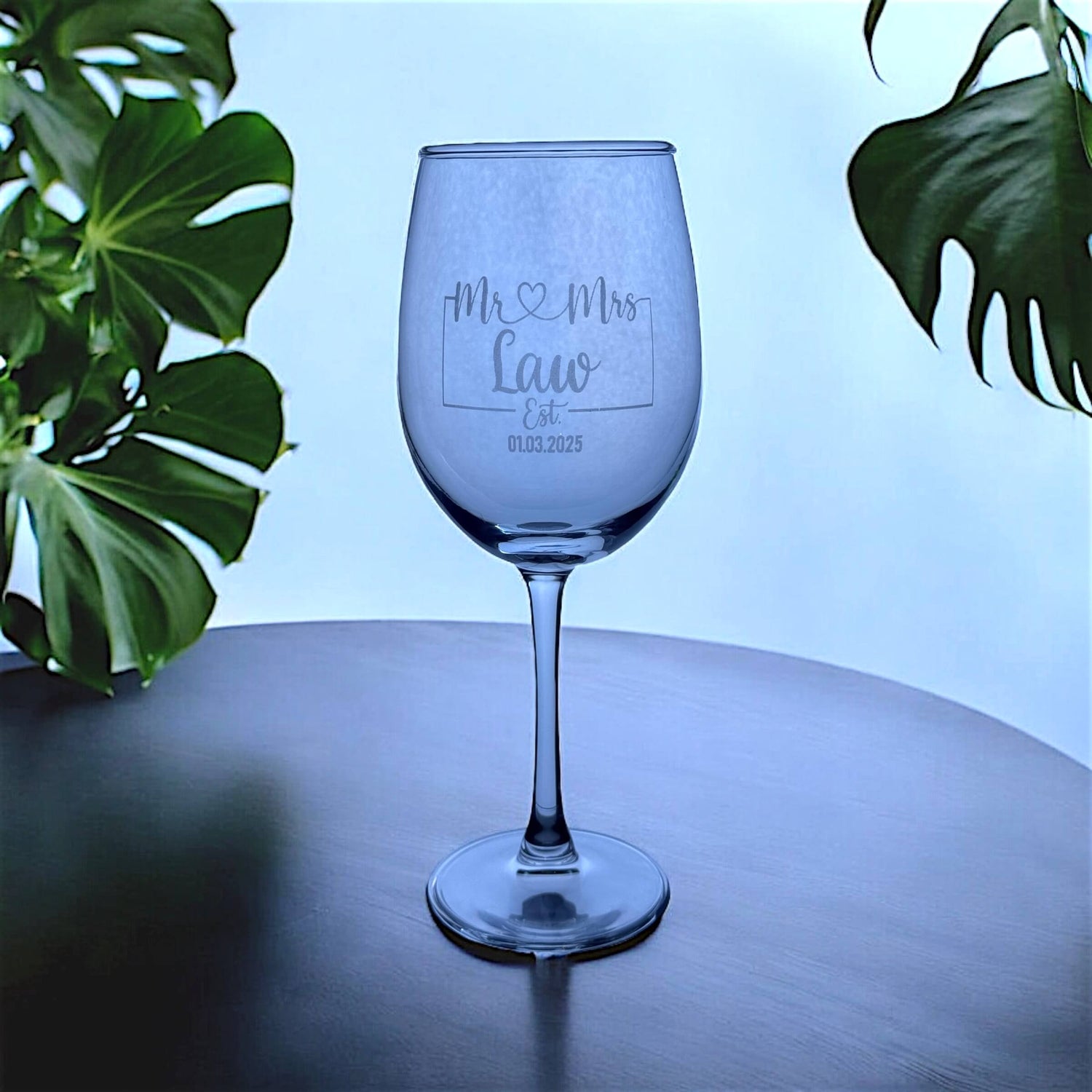 Personalised Mr & Mrs wedding wine glass with custom engraving