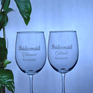 Close-up of frosted etching on premium bridal shower wine glasses