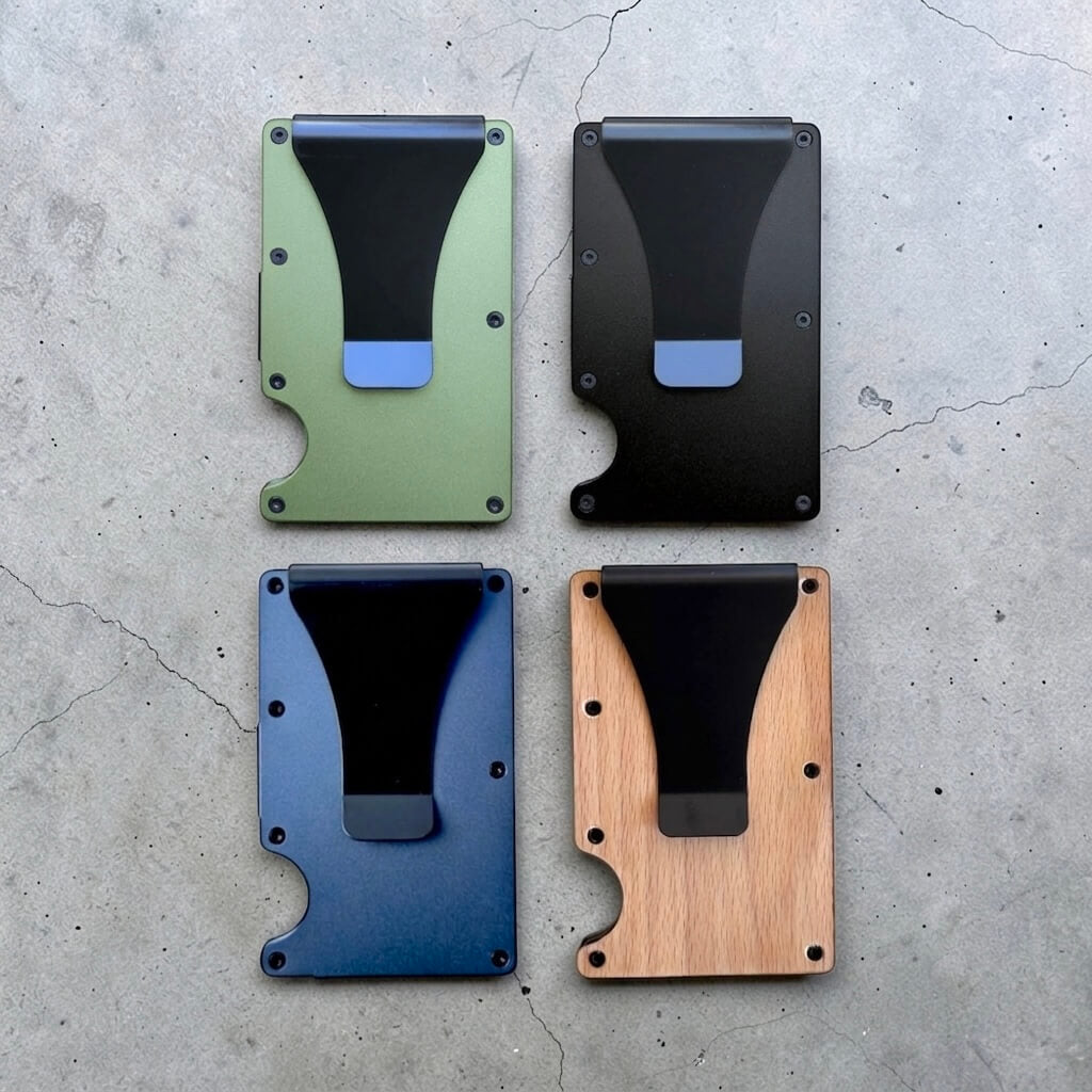 Back view of four slim aluminium and wood card holders with money clips, personalised RFID wallet available in multiple colours