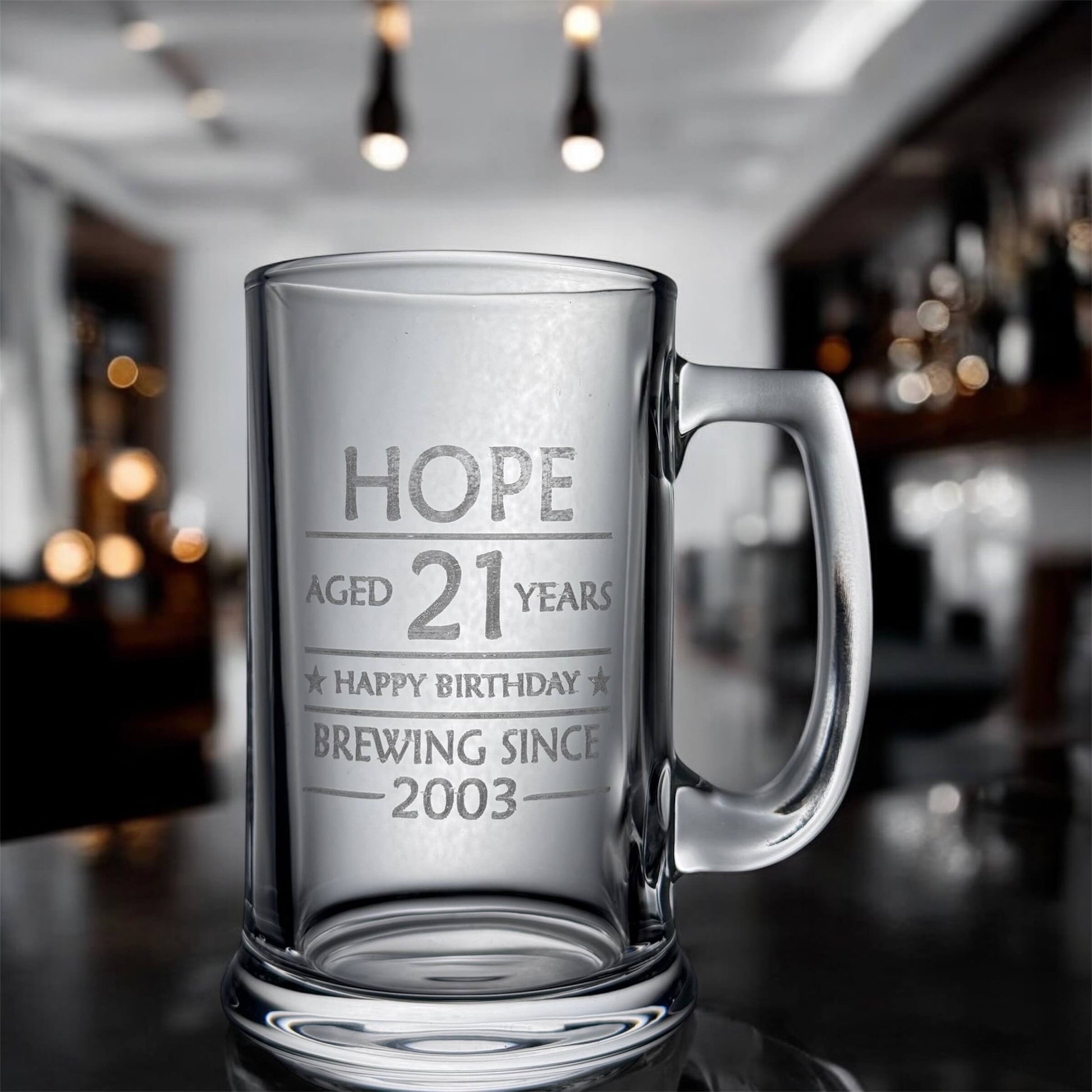 Beer mug engraved with name, Age & year 