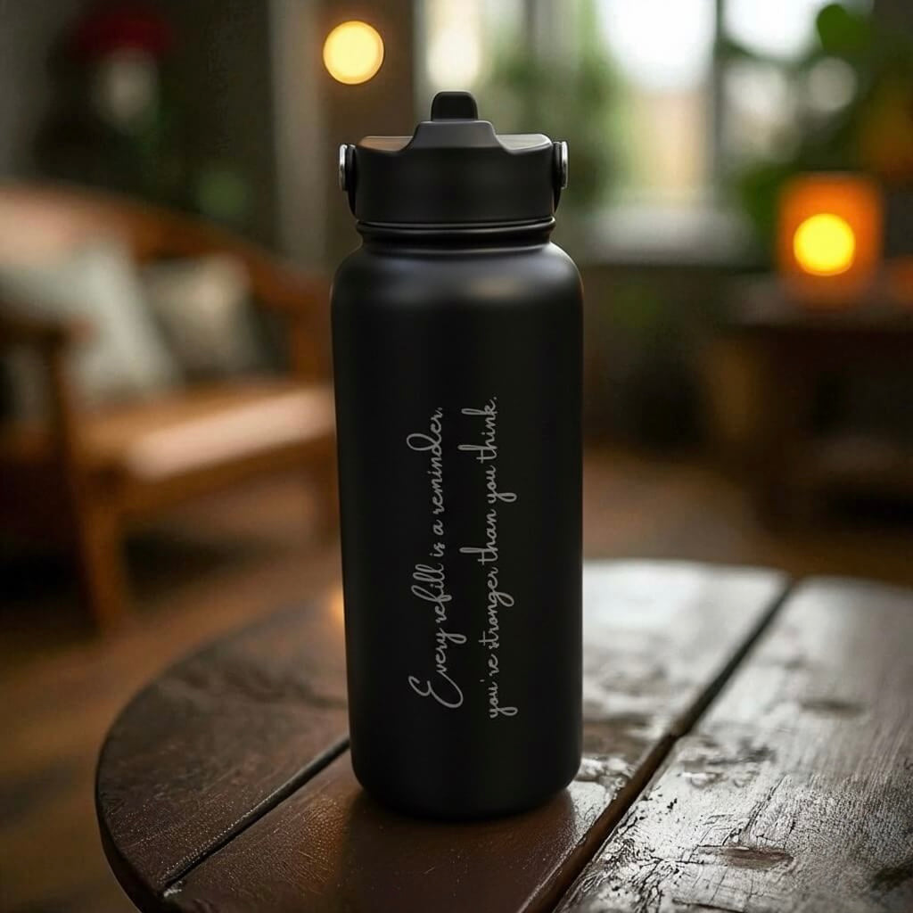 Black 1L stainless steel water bottle engraved with motivational message, placed on a rustic wooden table in a cosy home setting.