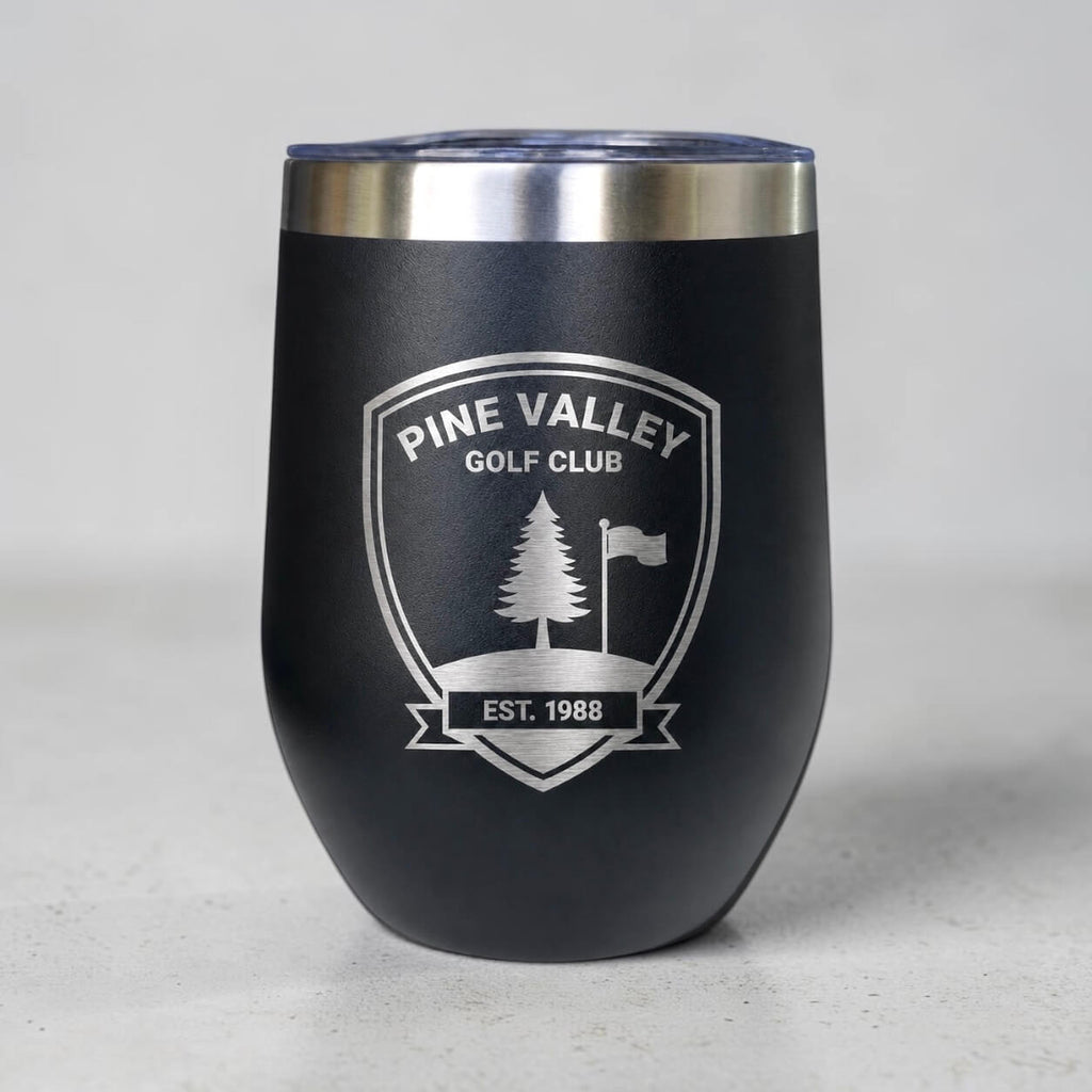 Black 300ml corporate coffee cup engraved with Pine Valley logo