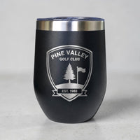 Black 300ml corporate coffee cup engraved with Pine Valley logo
