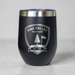 Black 300ml corporate coffee cup engraved with Pine Valley logo