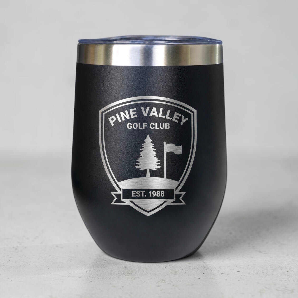 Black 300ml corporate coffee cup engraved with Pine Valley logo
